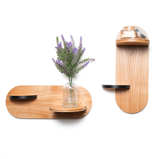 Front view of wooden set of 2 modern circular shape shelves with black accents 