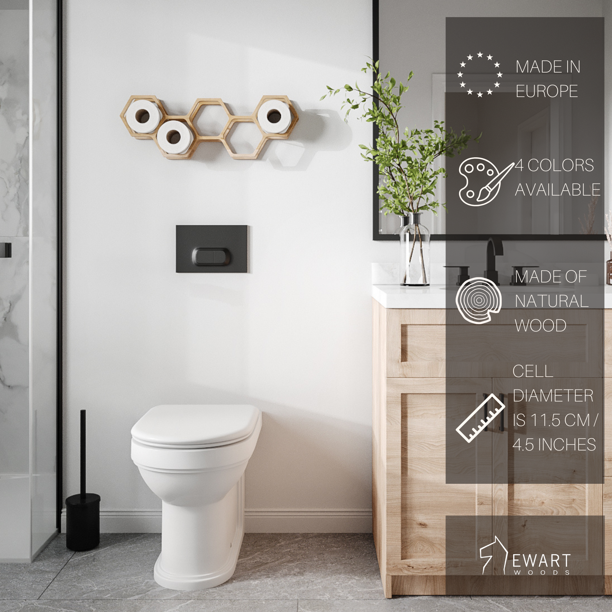 Wooden hexagon toilet paper holder in bathroom setting and manufacturer specifics