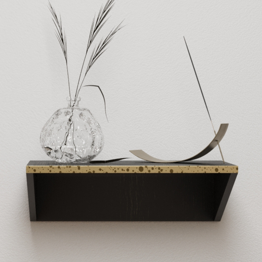 Close-up of wooden floating nightstand with brass detail