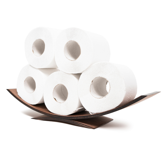 Stack of five rolls of toilet paper on a modern curved wooden holder, isolated on a white background.