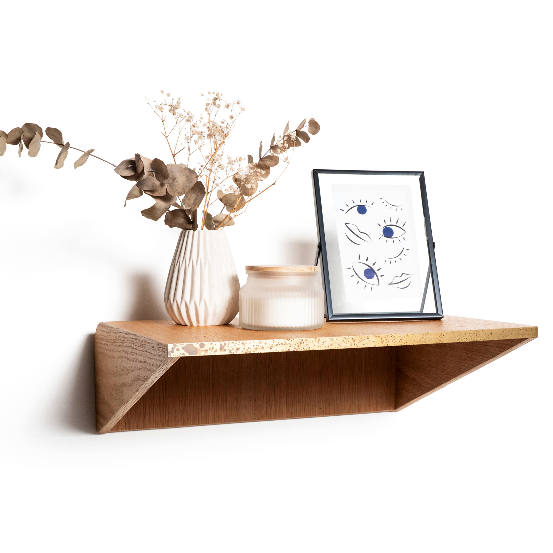 Wooden floating nightstand with brass detail and modern design