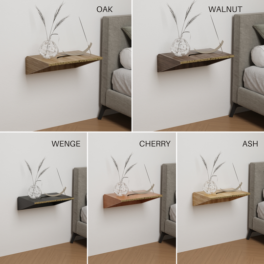 Wooden floating nightstand color variations with brass detail