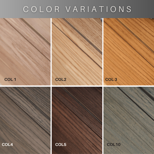 Image showcasing six color variations of wood finishes labeled COL1 to COL10, ranging from light natural tones to dark and grey hues, under the title &