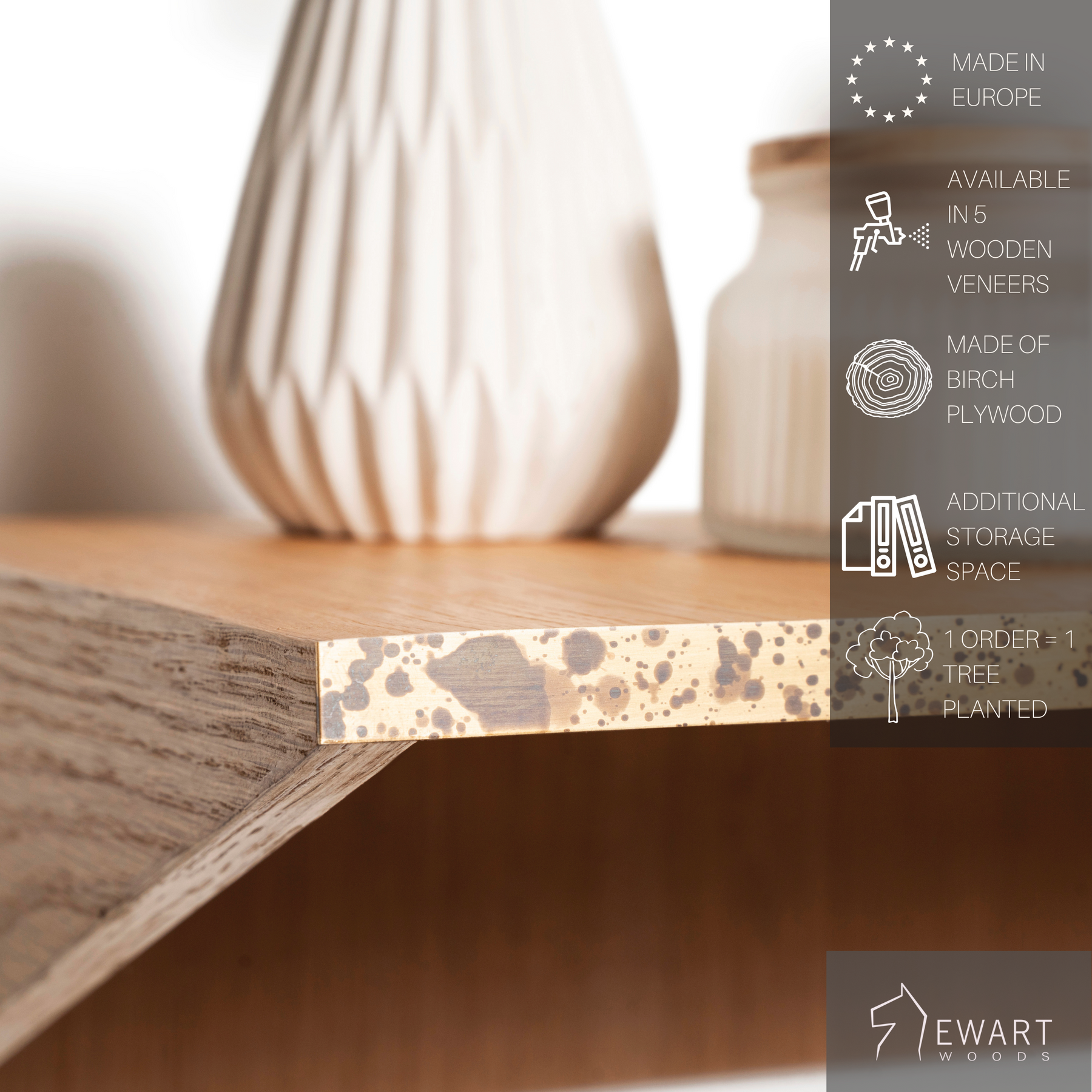 Wooden floating nightstand with brass detail and modern design with manufacturer specifics