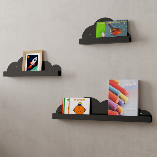 Childrens wall mounted metal cloud bookshelves in black with different dimensions