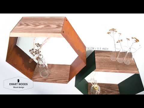 Floating metal hexagon shape shelf with wood pieces