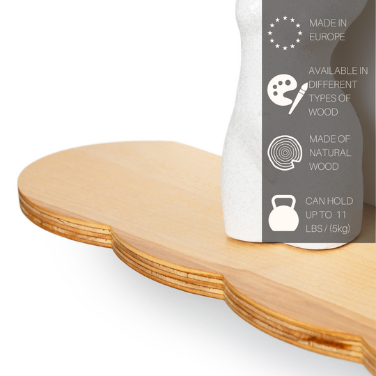 Close-up of a wooden shelf with a smooth, light finish, holding a white, torso-shaped vase. Text on the right highlights that the product is made in Europe, available in different types of wood, made of natural wood, and can hold up to 11 lbs (5 kg).