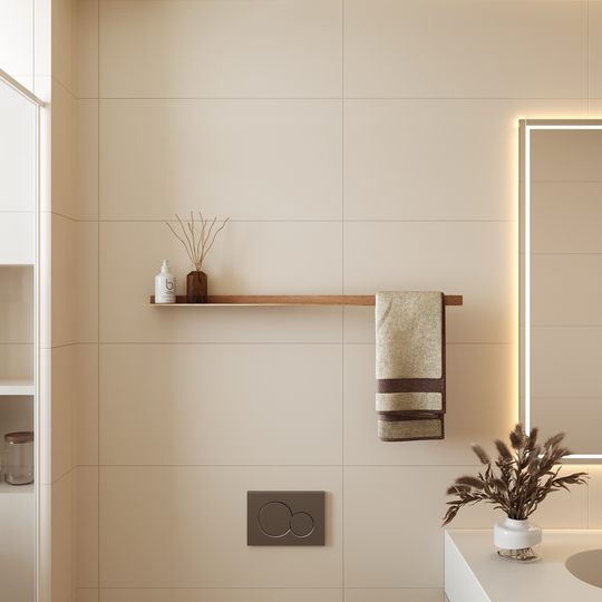 Wooden wall-mounted bathroom rack with a modern design