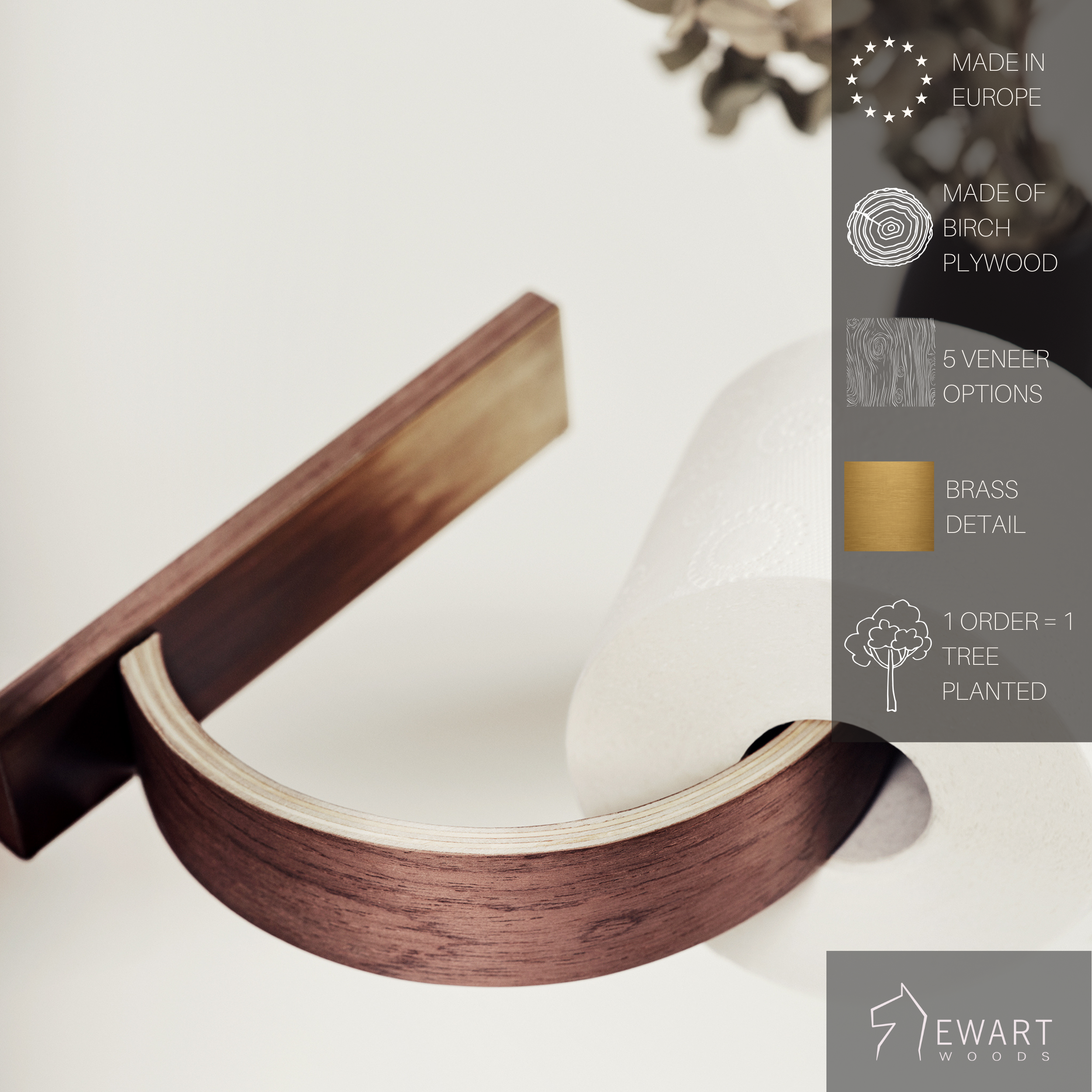 Modern bathroom wooden toilet paper holder with brass design and curved shape with manufacturer specifics 