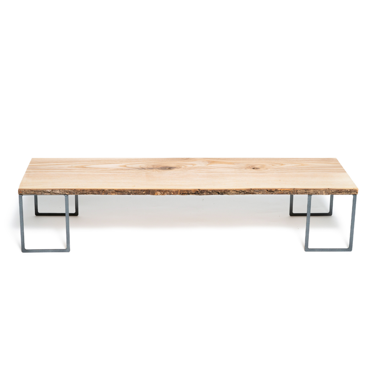 Wooden monitor stand with tree bark and metal legs for office organisation