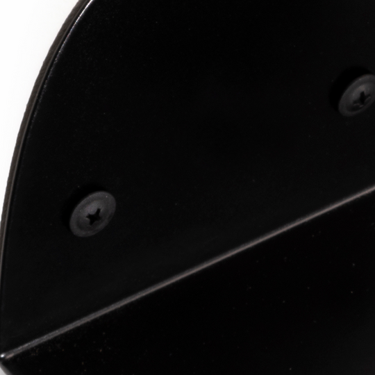 Close-up of a black metal wall mount highlighting the sleek surface and exposed fasteners, showcasing the robust design and meticulous craftsmanship.