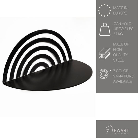 Black semicircular steel shelf with a striped back. Features: European made,Supports 2 lbs,Premium steel,and 7 color options. Ewart Woods logo in the lower right.
