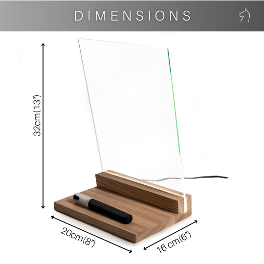 Acrylic panel with a wooden base, measuring 32 cm (13 inches) in height, 20 cm (8 inches) in width, and 16 cm (6 inches) in depth. A marker rests on the base, and dimensions are labeled on the image.