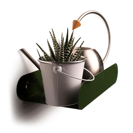 Dark green, capsule-style wall-mounted shelf holding a metal bucket with a succulent and a watering can. The shelf is secured to the wall with screws and has a clean, minimalist look.