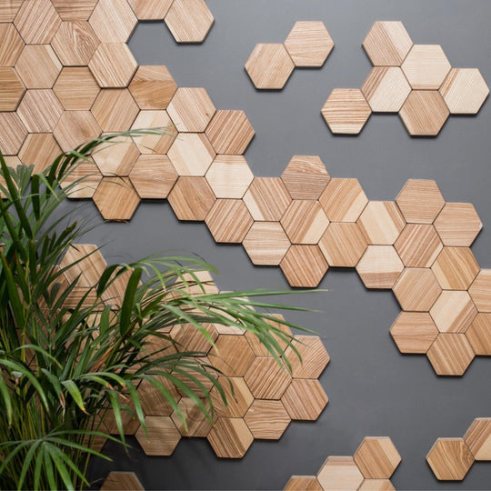 Hexagonal wooden tiles arranged on a gray wall in a honeycomb pattern with a green plant in the foreground, creating a natural and modern design.
