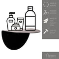 Black half-circle wall shelf with illustrated toiletry items, showing features: made in Europe, powder-coated, high-quality steel, easy to set up. Ewart Woods logo in the corner.