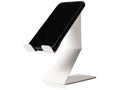 A white, Z-shaped phone stand holding a smartphone upright at an angle,