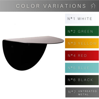 Color variations for a wall-mounted half-circle shelf, available in white, green, yellow, red, blue, black, and untreated metal.