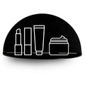 Black half-circle wall shelf with illustrated outlines of cosmetic items, including lipstick, lotion, and cream jar.