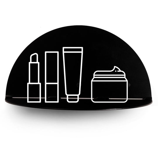 Black half-circle wall shelf with illustrated outlines of cosmetic items, including lipstick, lotion, and cream jar.