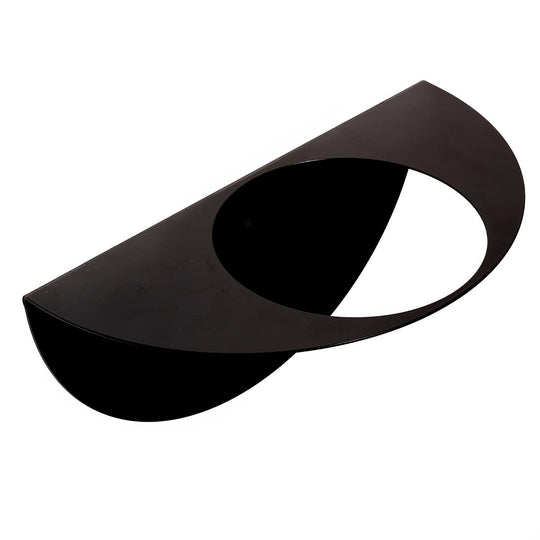 Black wall-mounted metal shelf with a curved design and a central circular space for holding a small plant pot or decorative item.
