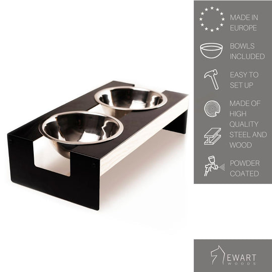 Elevated dog feeder with a durable steel and wood frame, includes stainless steel bowls, powder-coated finish, and easy assembly. Made in Europe.