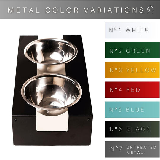 Top view of a modern elevated dog feeder with a black metal frame, featuring two stainless steel bowls, displayed alongside a variety of metal color options including white, green, yellow, red, blue, black, and untreated metal.