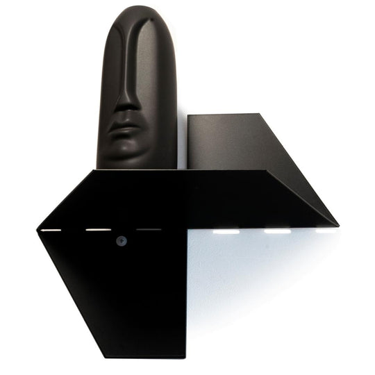 Front view of black floating wall metal shelf in geometric shape with white screws