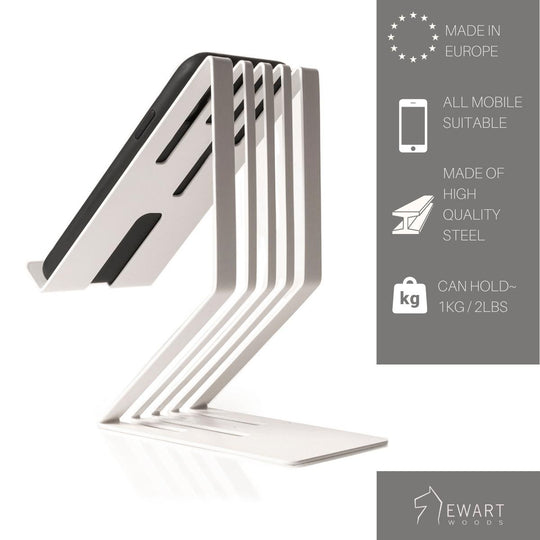 Elegant metal phone stand with a ribbed design and charging slot, shown with details about European craftsmanship, universal compatibility, and 1kg weight capacity.