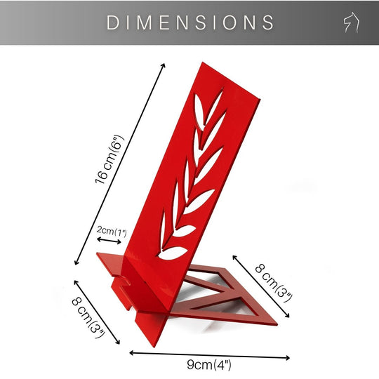 Red metal phone holder with leaf cutout design, displayed with labeled dimensions including 16 cm height and 9 cm base width.