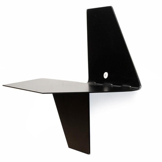 Floating wall black metal shelf in geometric shape with white screws