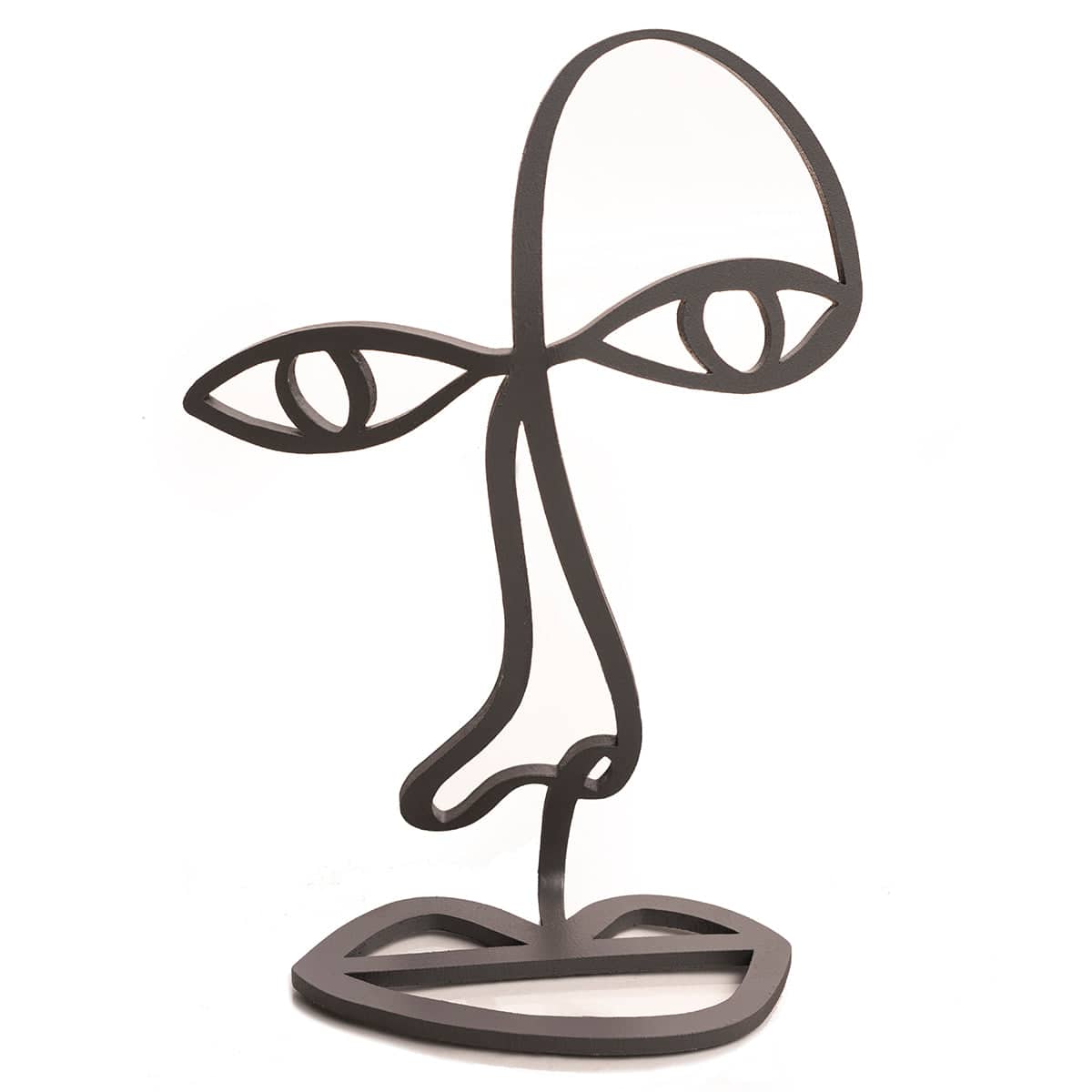 Modern black metal sculpture in an abstract face design, featuring outlined eyes, nose, and lips in a sleek wireframe style. The sculpture serves as a decorative glasses holder, with the top section shaped to rest eyewear over the eye area.