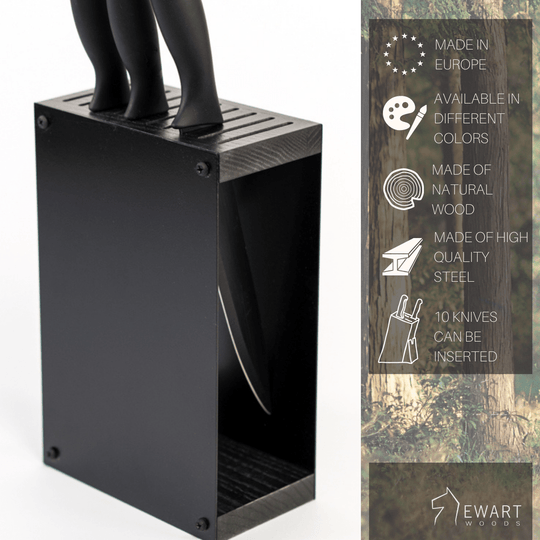 Black knife block with a wooden top and base, holding black-handled knives. The side panel lists product details: Made in Europe, Available in different colors, Made of natural wood, Made of high-quality steel, and Holds up to 10 knives.