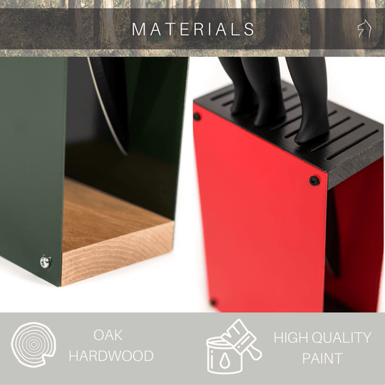 Close-up of two knife blocks, one green with a wooden base and one red holding black-handled knives. Made from oak hardwood and finished with durable paint. &