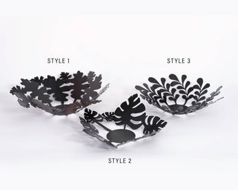 Set of three black metal decorative bowls in different styles with unique leaf and botanical cutout designs, labeled as Style 1, Style 2, and Style 3.