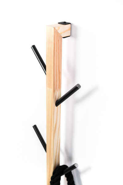 Wooden entryway coat rack wall hanger with metal hooks for hallway storage