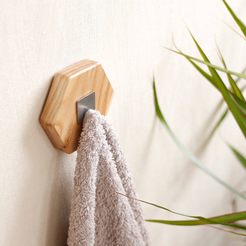 Hexagon wood wall hook set for bathroom towel rack and coat hanger - natural ashwood