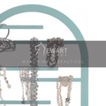 Teal arch-shaped jewelry holder with hanging necklaces and bracelets, featuring Ewart Woods branding and tagline &