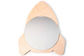 Wooden rocket-shaped frame with a central round mirror, showcasing a natural wood grain and softly rounded edges.