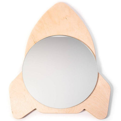Wooden rocket-shaped frame with a central round mirror, showcasing a natural wood grain and softly rounded edges.
