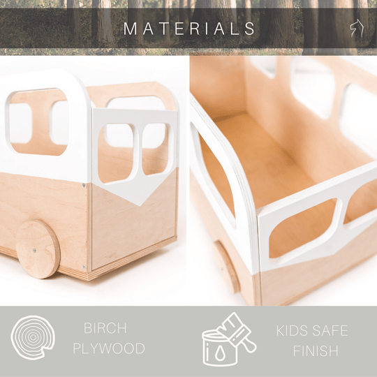 Two images showcasing a wooden bus storage box made from birch plywood with a white painted finish, highlighting kid-safe materials used in its construction.
