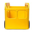 Front view of a yellow wooden school bus toy box with cut-out windows and sturdy wheels, designed for toy storage.