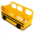 A yellow wooden bus storage box with black stripes, wheels, and cut-out windows, designed for organizing toys or other items.