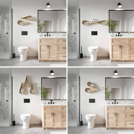 A collage of four images featuring drop-shaped floating toilet paper holders in a chic bathroom. One image shows a shelf with three holders, while others display two in various configurations.