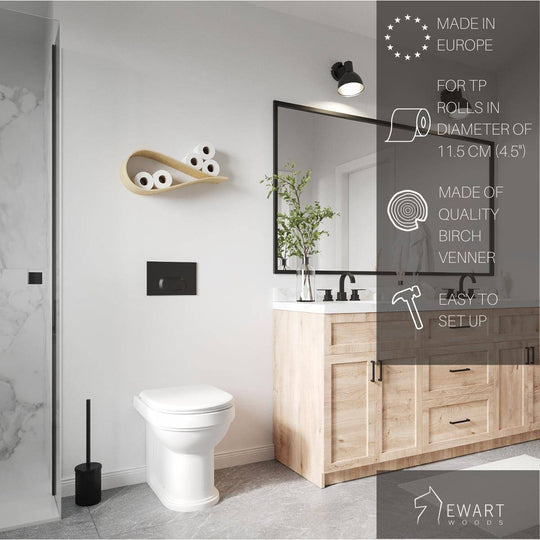 Drop-shaped birch  wall shelf holding toilet paper rolls, displayed with text indicating it’s made in Europe, fits 11.5 cm (4.5”) rolls, and is easy to set up. The bathroom features minimalist design with natural wood and modern fixtures.