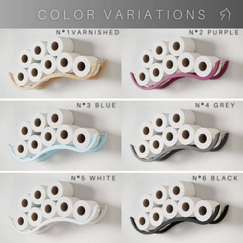 Bathroom toilet paper holder in six colors: varnished, purple, blue, grey, white, and black, each holding multiple rolls.