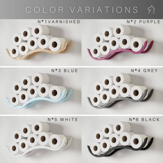 Bathroom toilet paper holder in six colors: varnished, purple, blue, grey, white, and black, each holding multiple rolls.