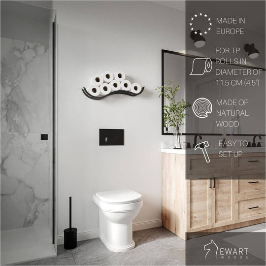 Modern bathroom with a wall-mounted wooden toilet paper holder, labeled made in Europe, for 11.5 cm rolls, natural wood, easy to set up, Ewart Woods logo.